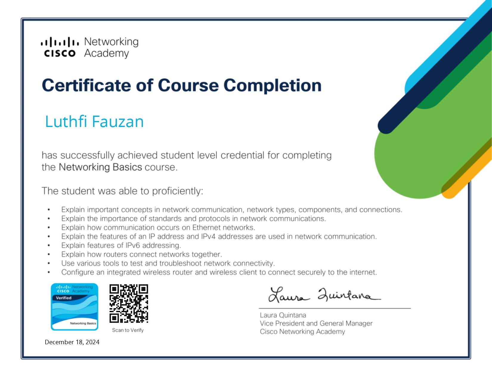Cisco Networking Basics certificate