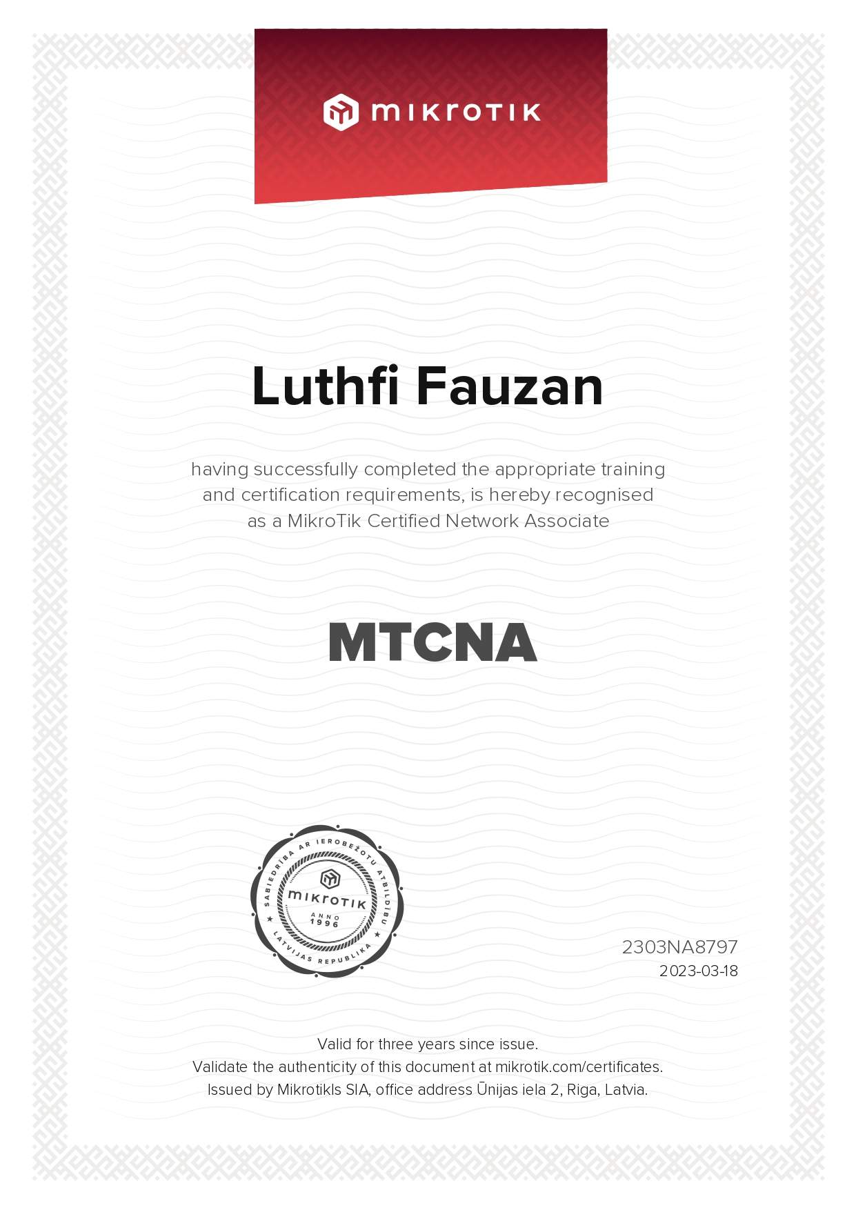 MTCNA certificate