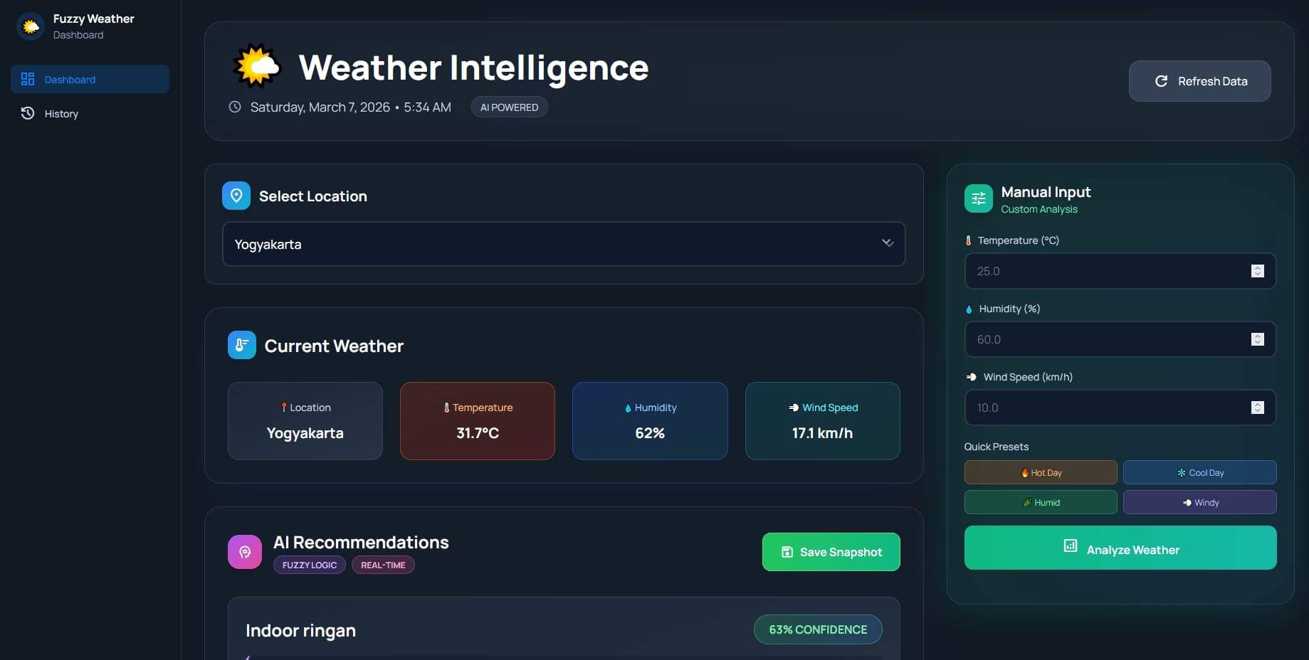 CuacaCerdas weather recommendation screenshot
